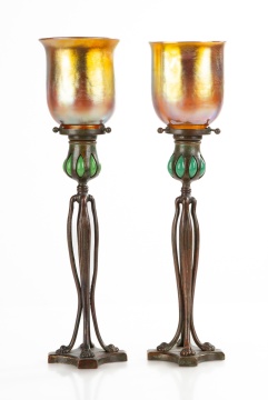 Two Tiffany Studios Blown-Out Cat's Paw Candlesticks with Favrile Shades