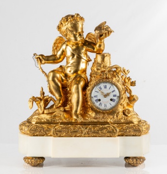 French Louis XV Gilt Bronze & Marble Mantle Clock