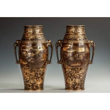 A Pair of Fine Miyao Eisuke Gilt Bronze & Mixed Metal Vases 