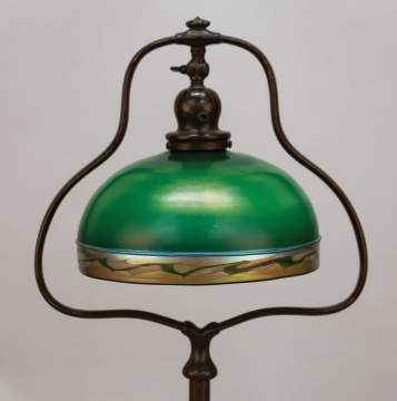 Fine Steuben Deep Green Aurene Lamp on a Handel Harp Lamp Base