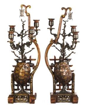 Pair Unusual Chinese Bronze & Cloisonne Candelabras