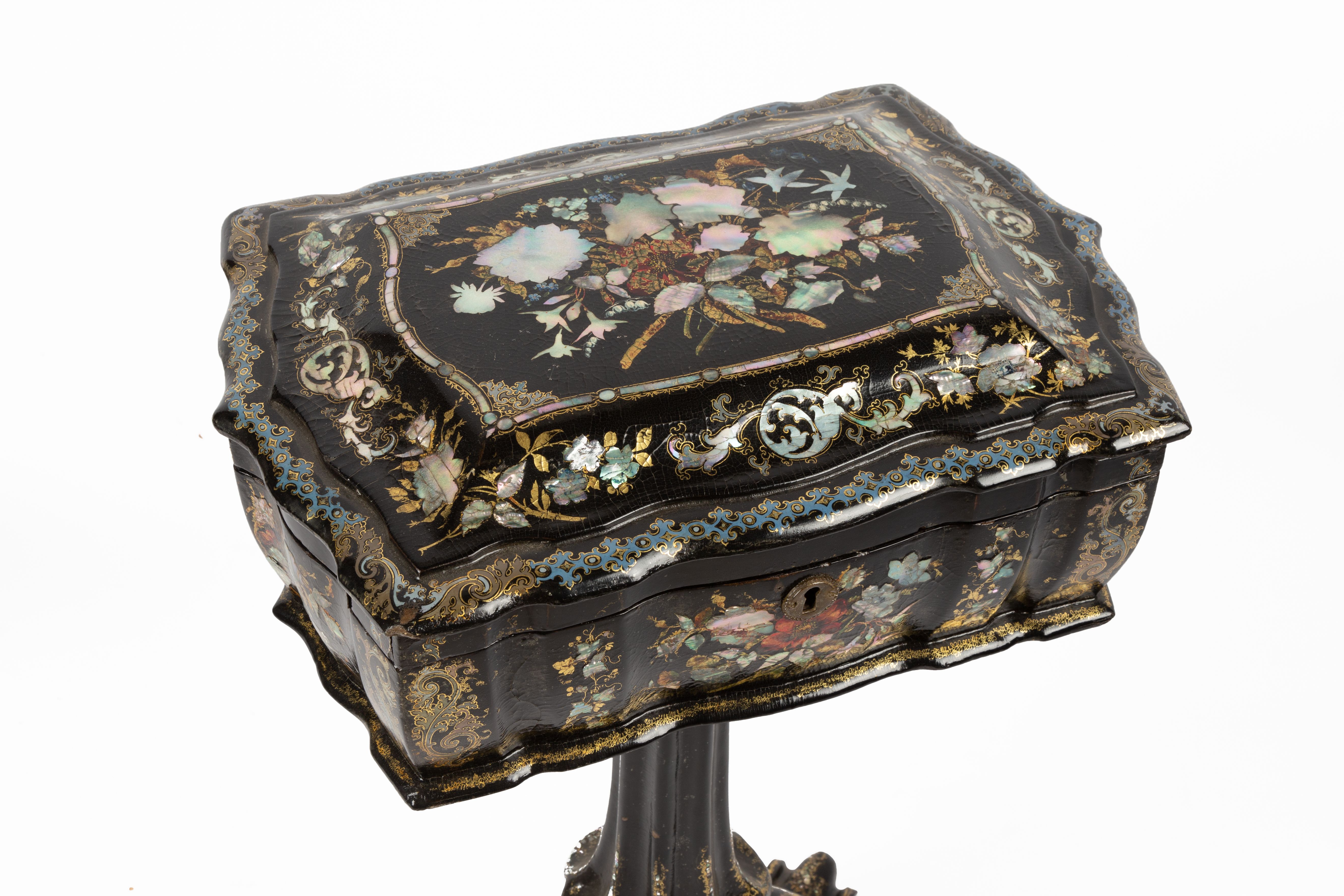 Th Century Mother Of Pearl Paper Mache Hand Painted Sewing Stand