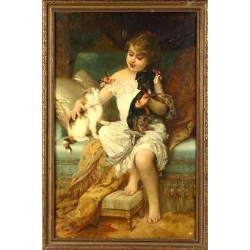 Emile Munier (French, 1840-1895) Girl w/kitten and puppy