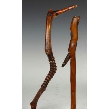 Two Carved Wood Snake Canes
