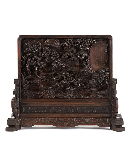 A Chinese Carved Hardwood 'Scholar' Table Screen with Imperial Poem by unknown