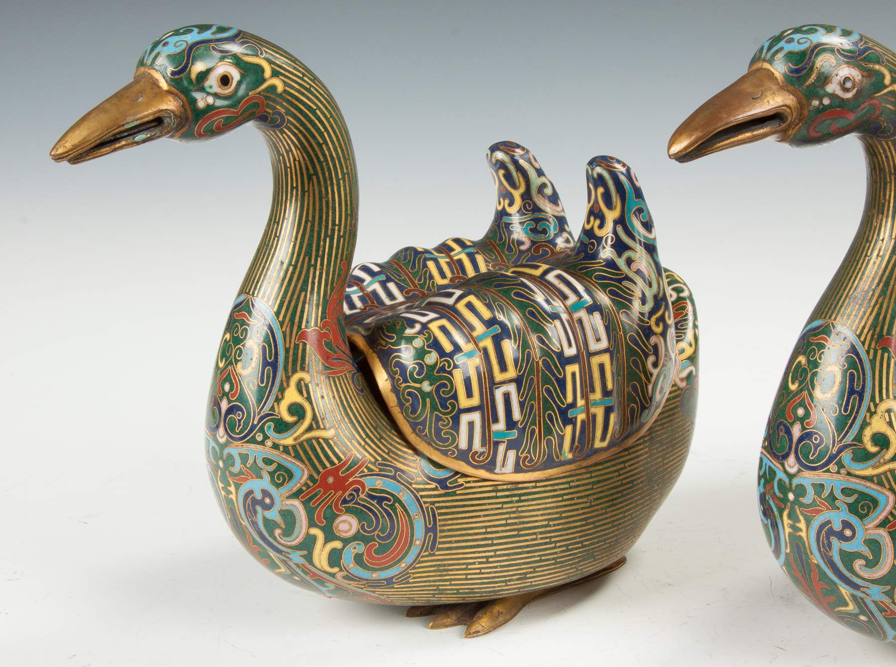 Pair of Chinese Bronze & Cloisonné Duck Censors | Cottone Auctions
