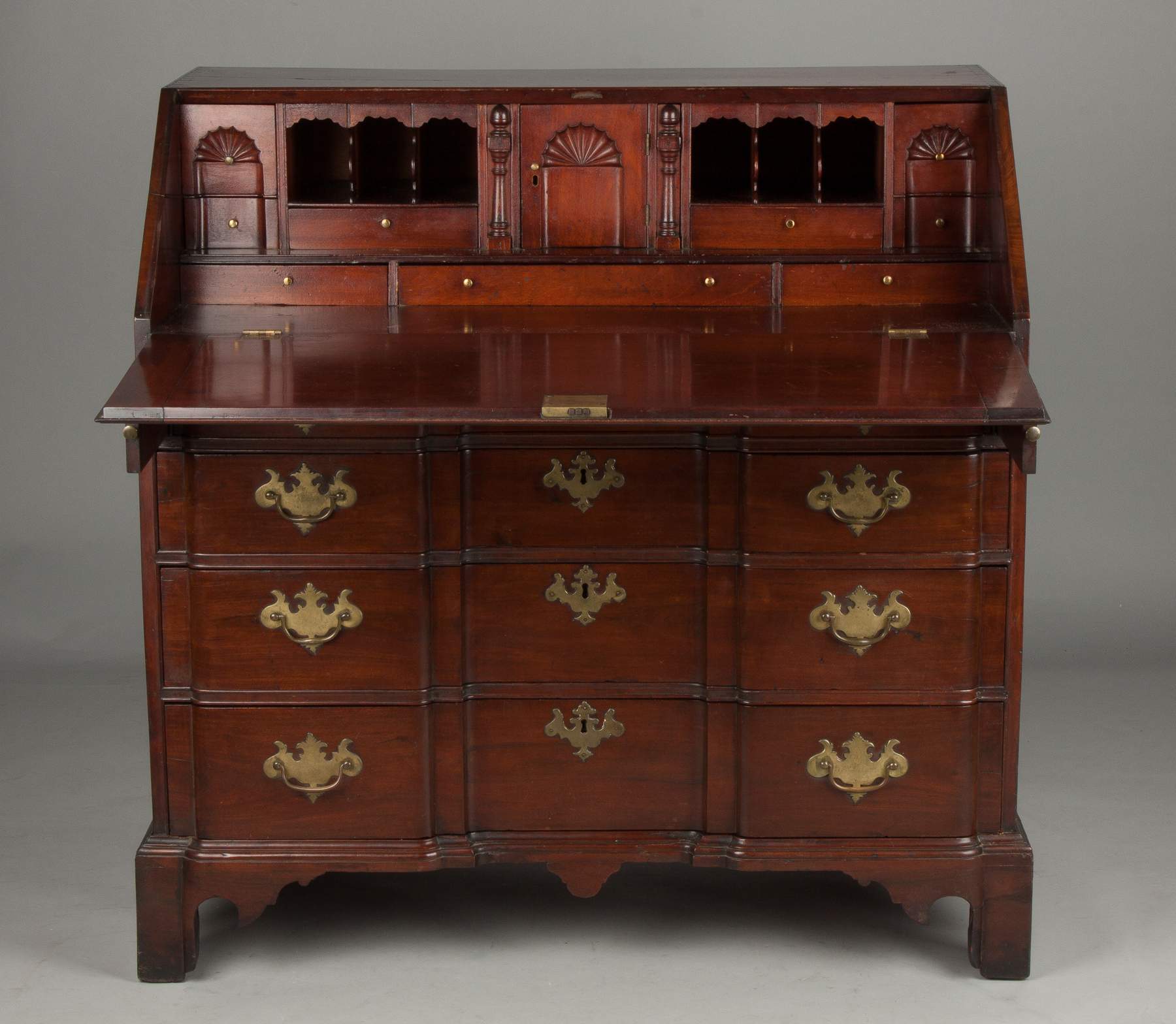 Chippendale Figured Mahogany Block Front Desk, MA | Cottone Auctions