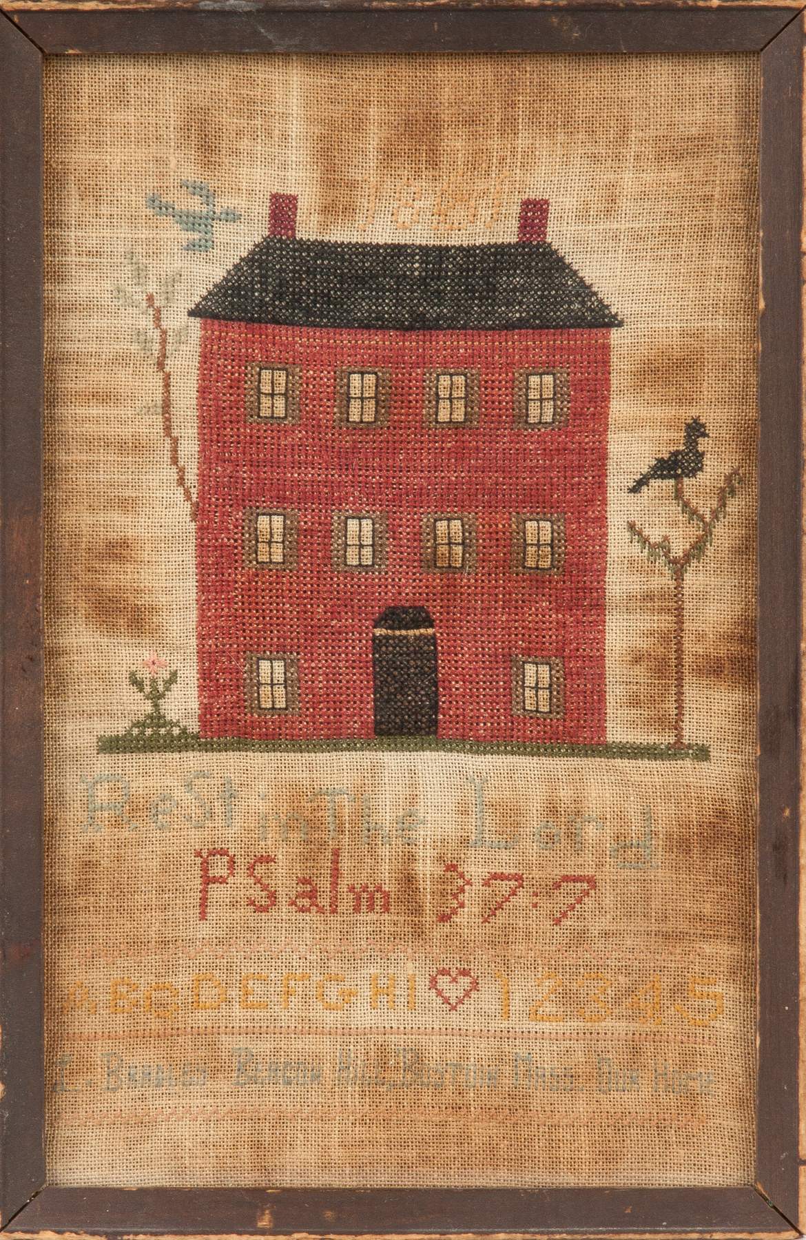 Sampler With A Red Brick House 