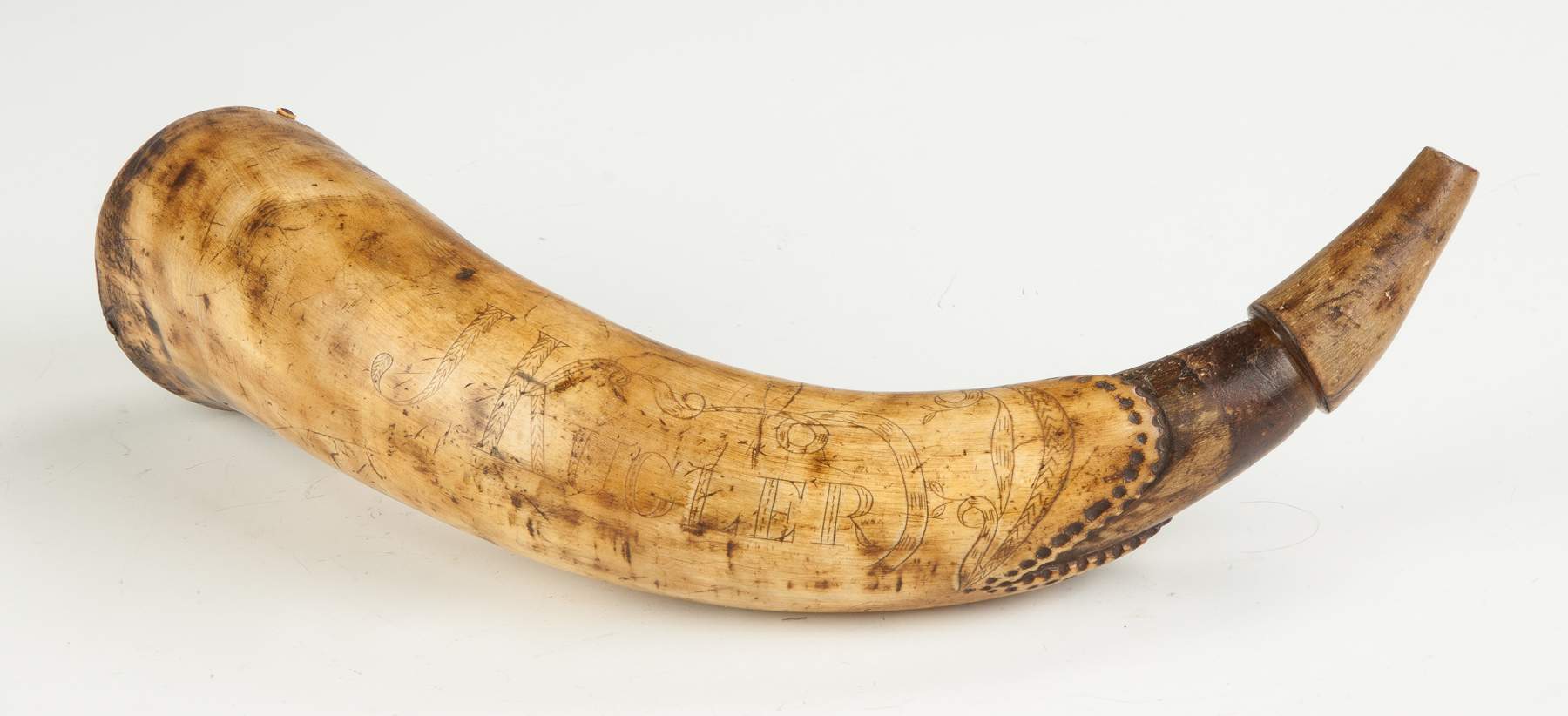 Jacob Kugler Stepped & Carved Fish Mouth Powder Horn, Revolutionary War ...