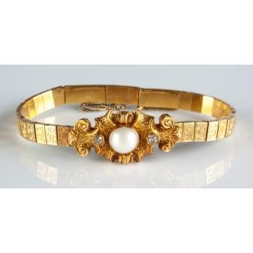14K Gold, Pearl & Diamond Bracelet