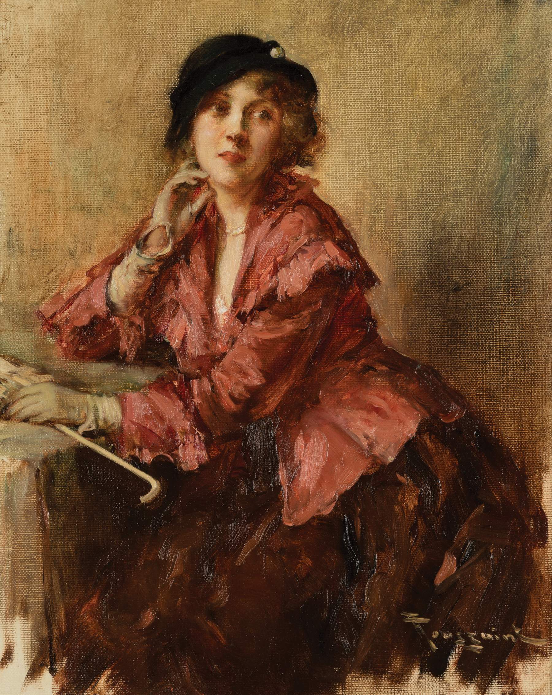 Fernand Toussaint (Belgian, 1873-1956) Young Lady With Red Coat And ...