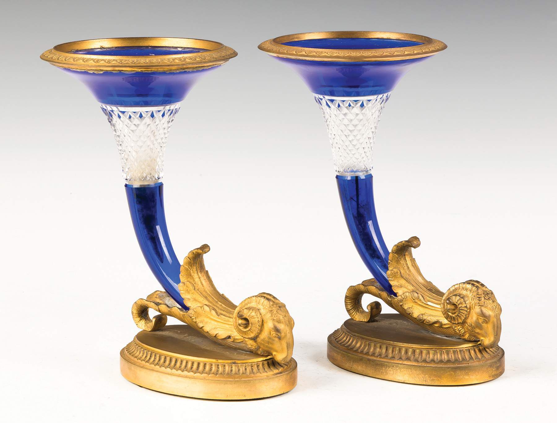 Pair of Gilt Bronze with Cobalt Overlay and Cut Vases | Cottone Auctions