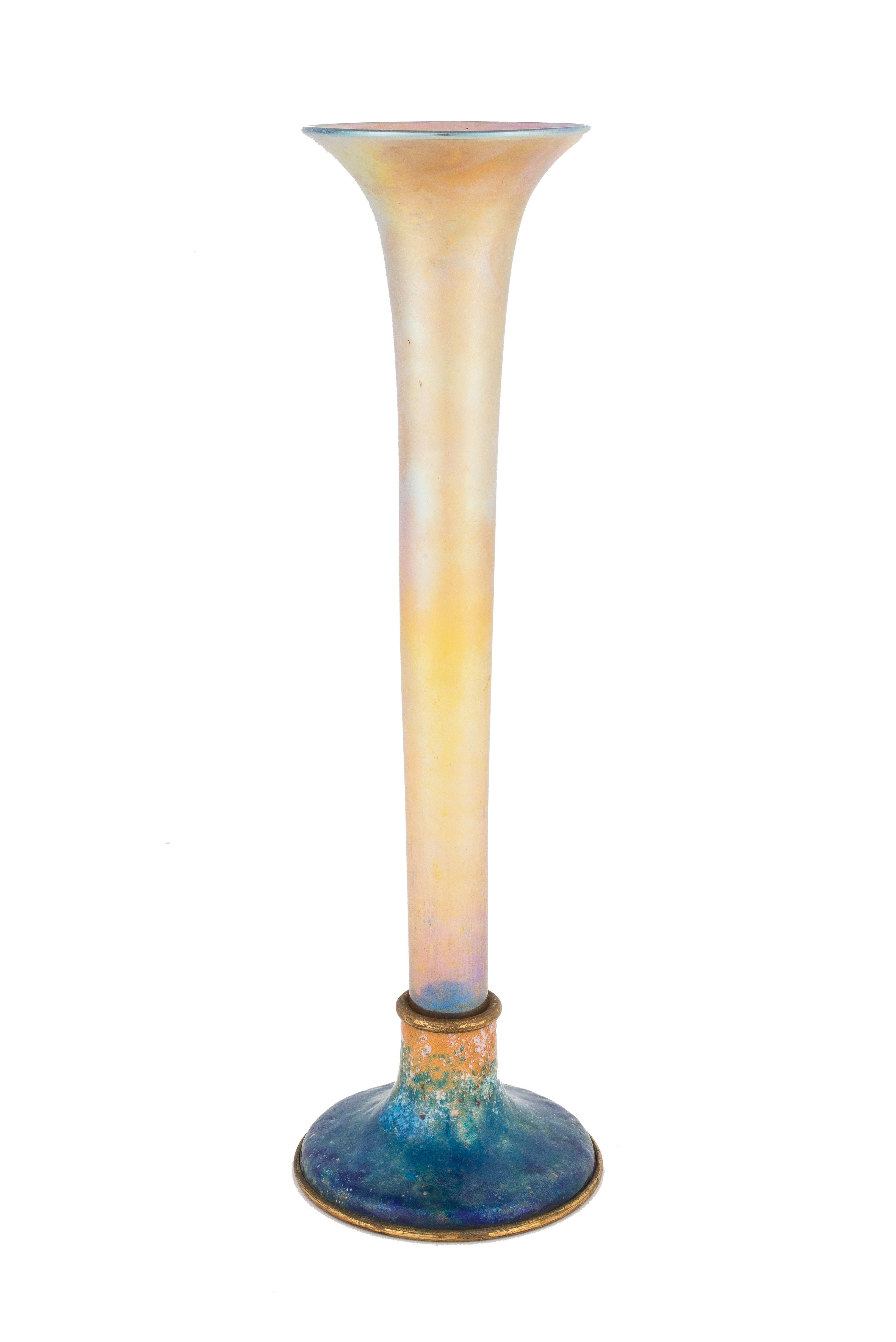 Louis C. Tiffany Furnaces Gold Iridescent Trumpet Vase with Enamel Foot ...