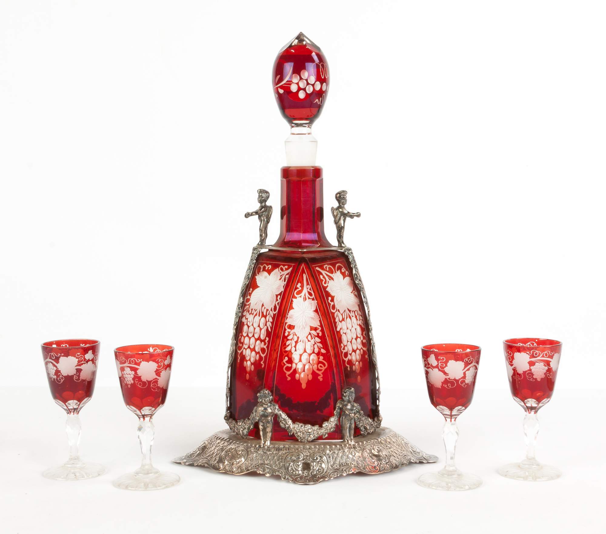 Ruby Bohemian Double Overlay Etched Glass Decanter And Cordials Cottone Auctions