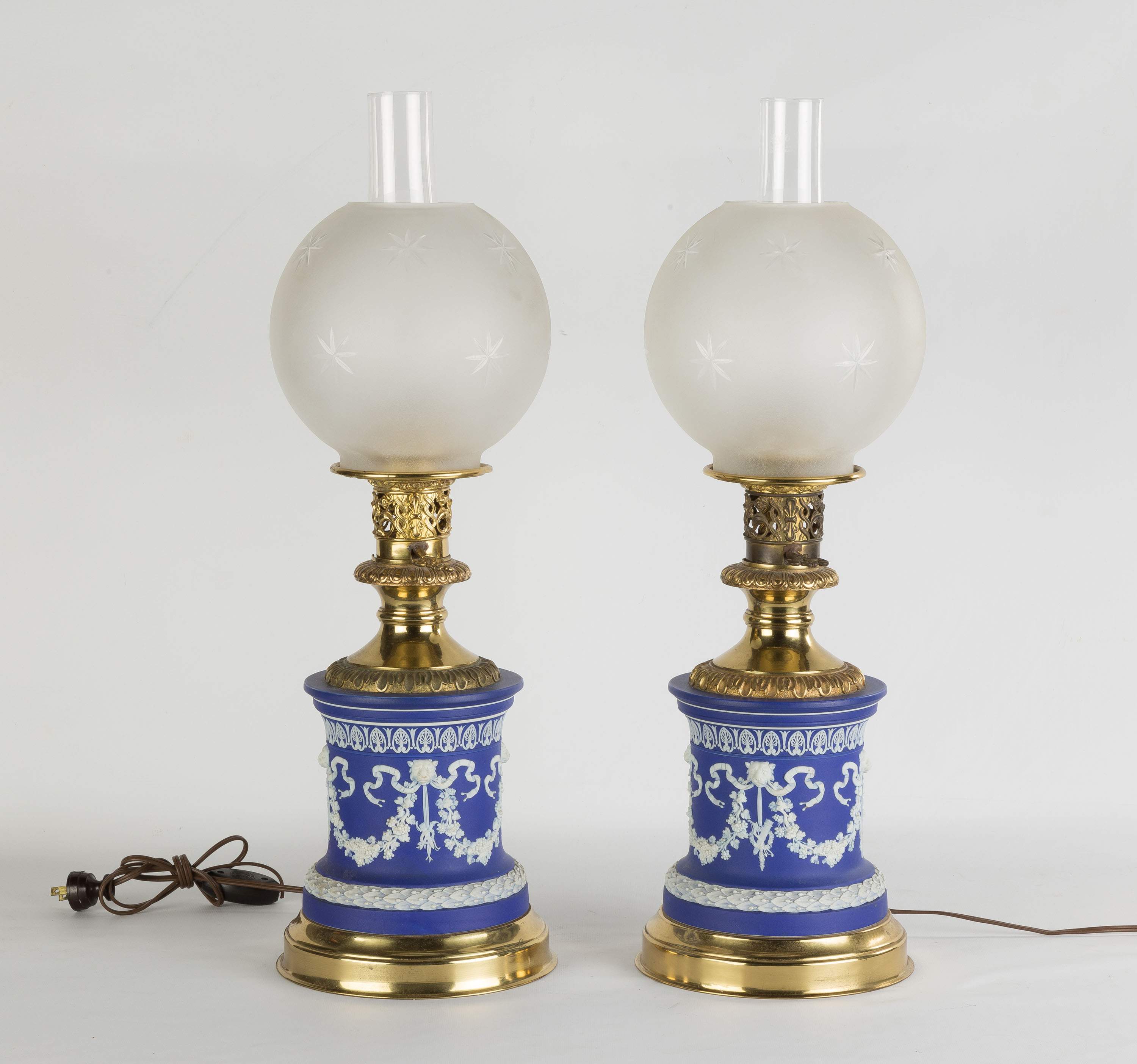 Pair of Wedgewood Oil Lamps with Etched Shades | Cottone Auctions