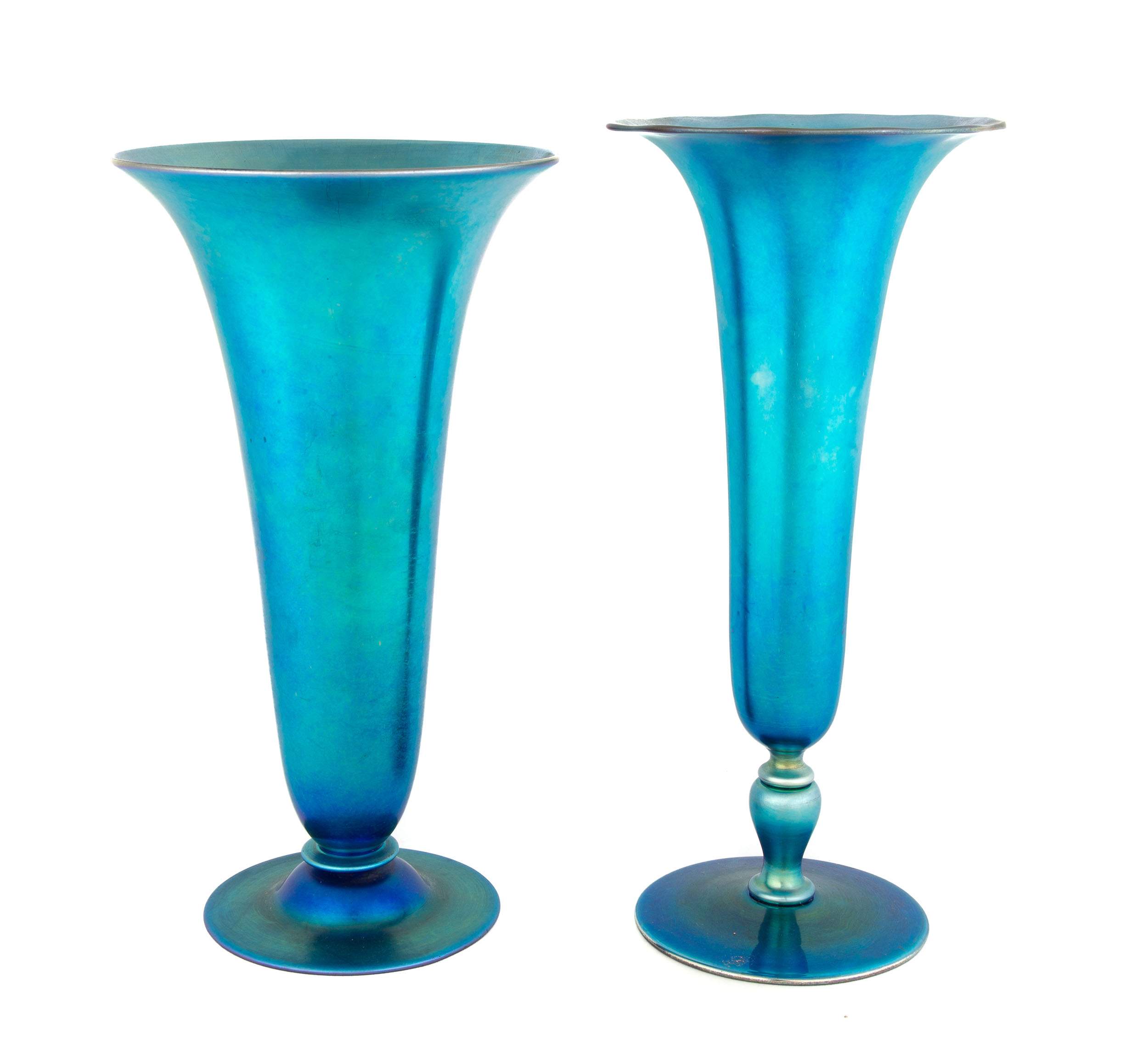 Two Steuben Blue Aurene Trumpet Vases Cottone Auctions