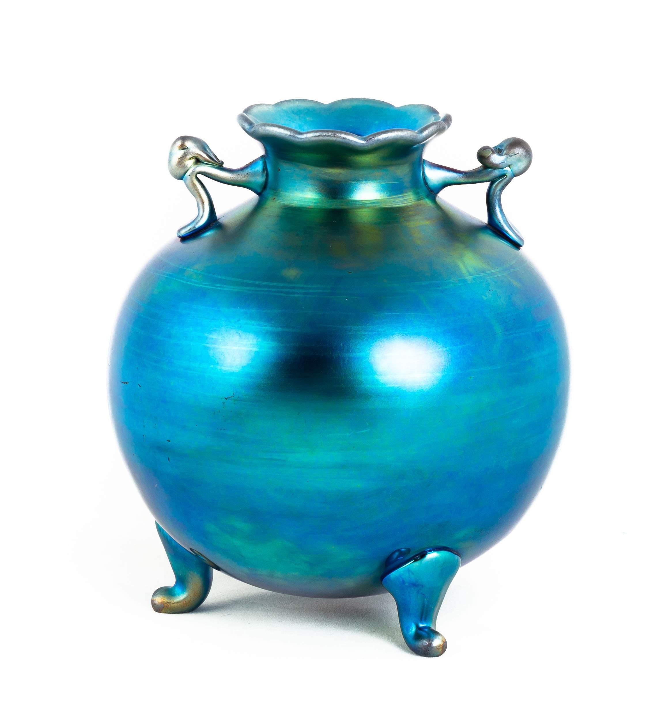 Steuben Blue Aurene Footed And Handled Vase Cottone Auctions