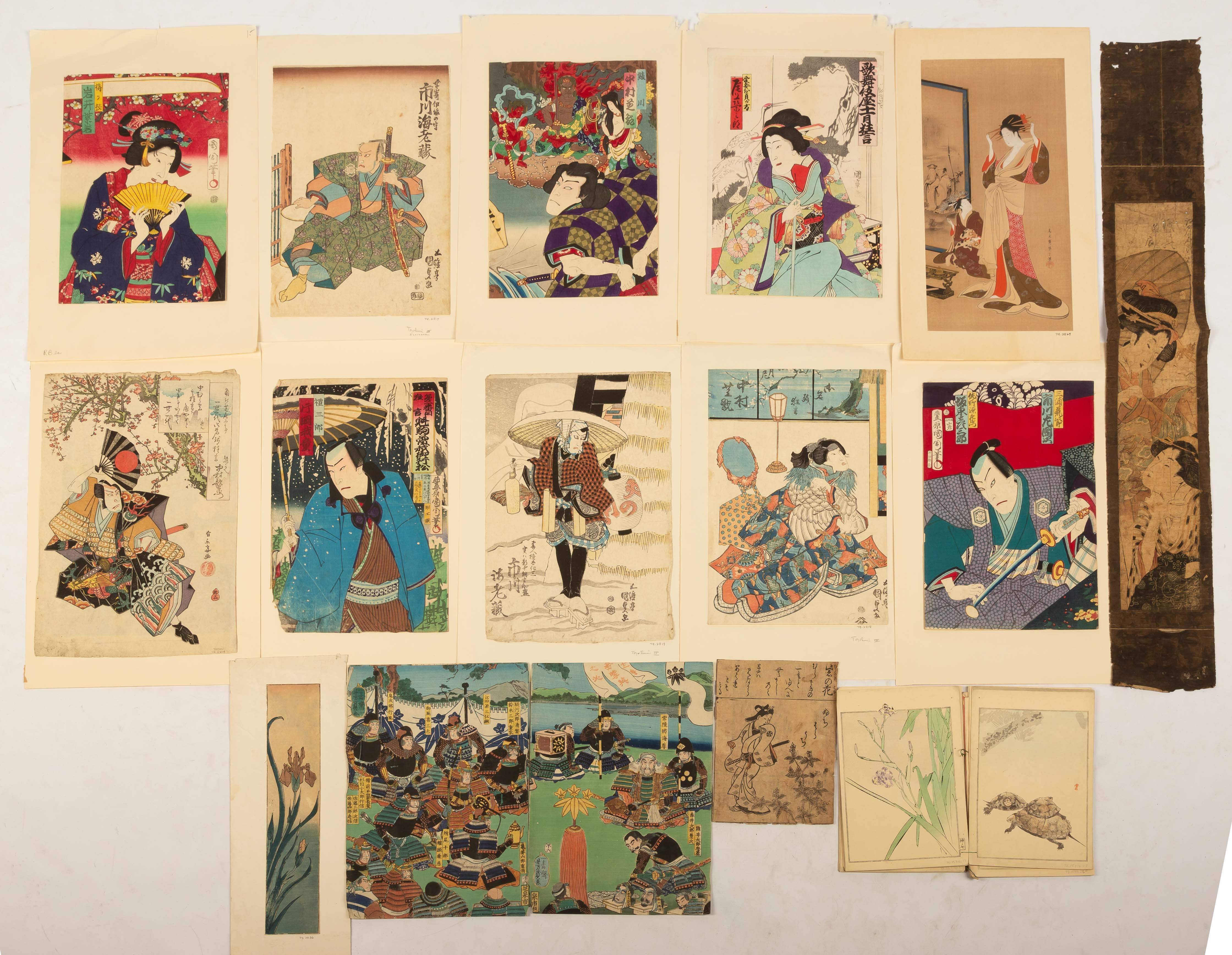 Group Of Japanese Woodblock Prints & Paintings On Silk 