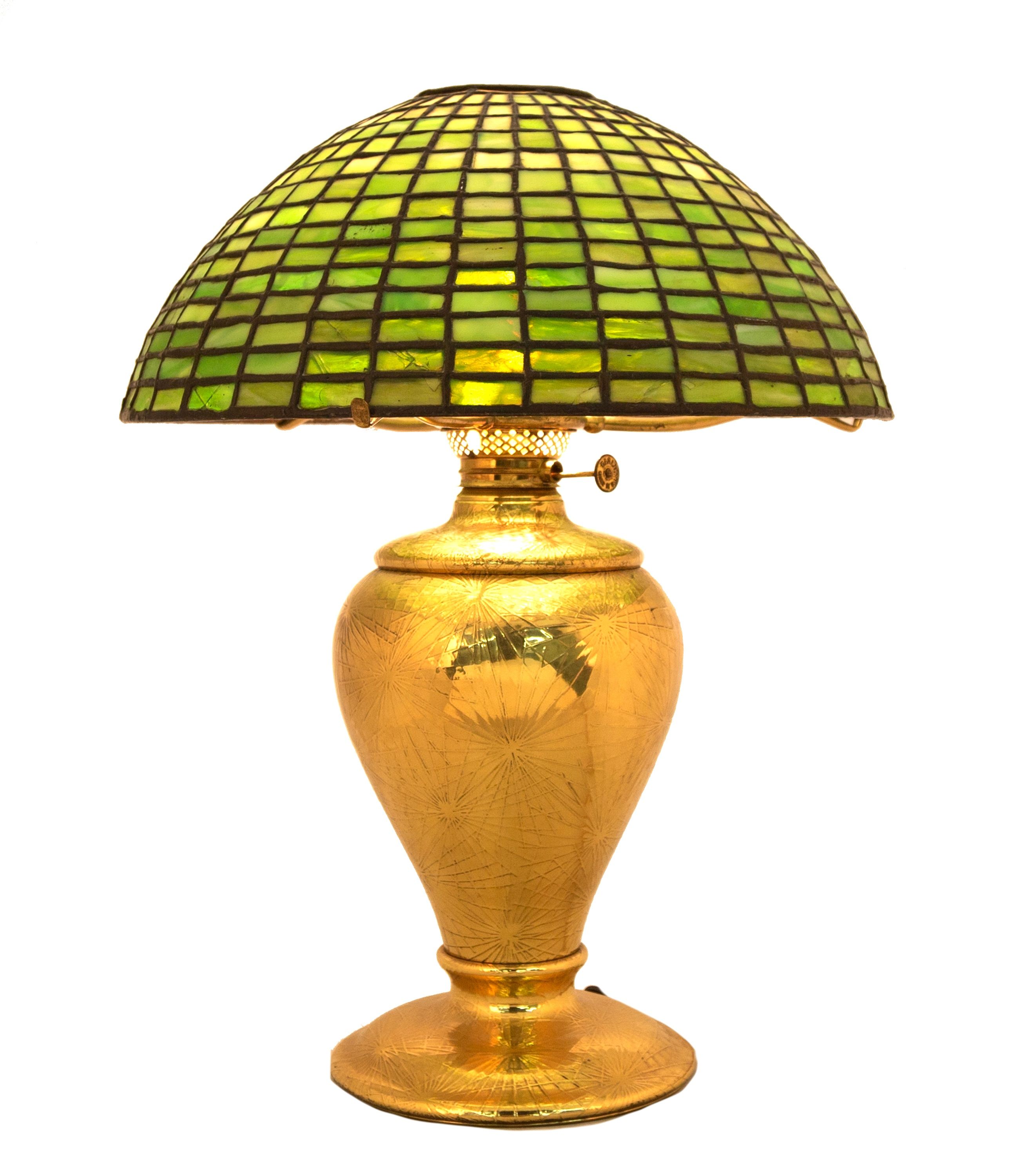 Tiffany Studios, New York Pine Needle Base with Leaded Glass Shade ...