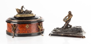 19th Century Classical Burlwood Jewelry Casket with Bronze Inkwell and Pen Tray