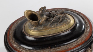19th Century Classical Burlwood Jewelry Casket with Bronze Inkwell and Pen Tray