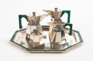 Silver-Plated Art Deco Tea Service with Inlaid Malachite Handles and Border