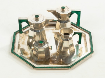 Silver-Plated Art Deco Tea Service with Inlaid Malachite Handles and Border