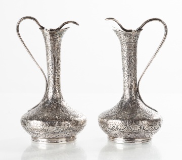 Pair of Diminutive Persian Silver Ewers with Serpents