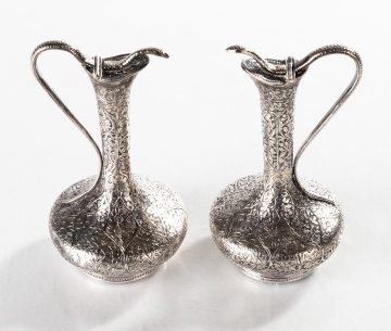 Pair of Diminutive Persian Silver Ewers with Serpents