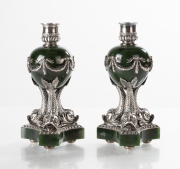 Fabergé Nephrite Jade and Silver Candlesticks