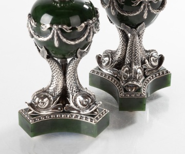 Fabergé Nephrite Jade and Silver Candlesticks