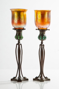 Two Tiffany Studios Blown-Out Cat's Paw Candlesticks with Favrile Shades