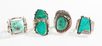 (4) Navajo Turquoise & Coral Bracelet Cuffs