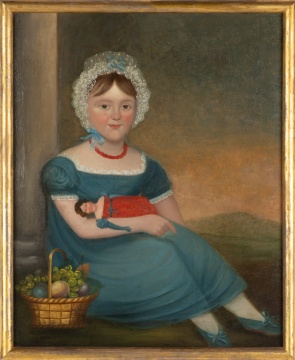 Folk Art Portrait of Young Girl with Doll and Basket of Fruit