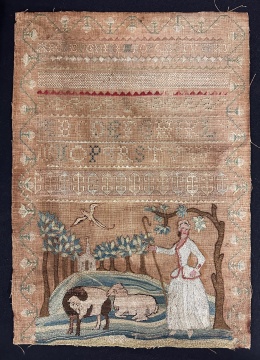 Sampler of Woman Shepherd with Animals and Church
