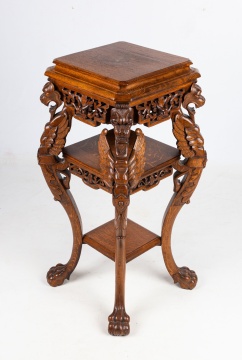 American Oak Three-Tier Table with Griffins