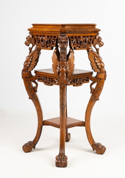 American Oak Three-Tier Table with Griffins