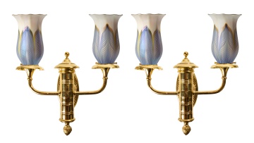 Pair of Brass Sconces with Quezal Shades