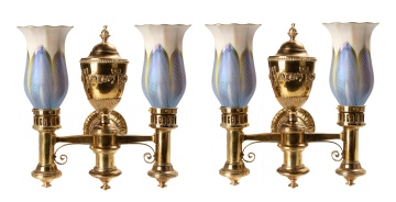 Pair of Brass Sconces with Quezal Shades