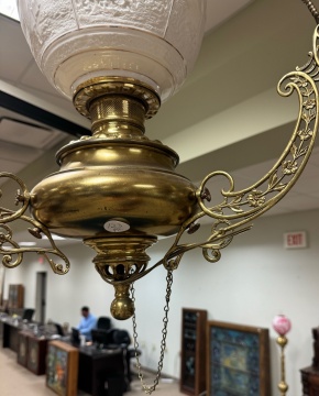 Pair of Brass and Lithophane Hanging Library Lamps