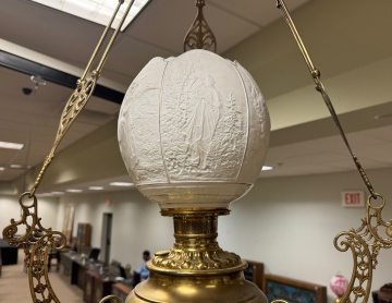 Pair of Brass and Lithophane Hanging Library Lamps