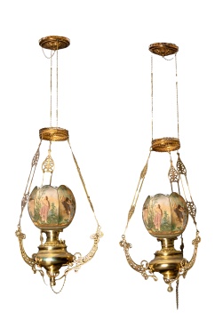 Pair of Brass and Lithophane Hanging Library Lamps