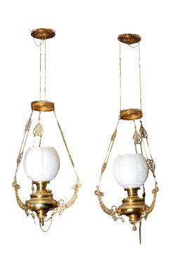 Pair of Brass and Lithophane Hanging Library Lamps