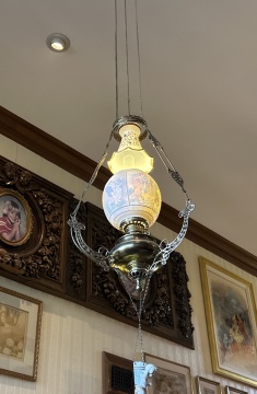 Pair of Brass and Lithophane Hanging Library Lamps