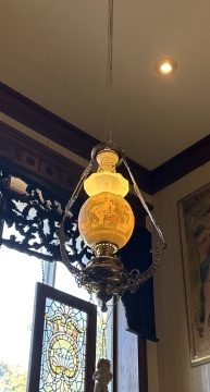 Pair of Brass and Lithophane Hanging Library Lamps