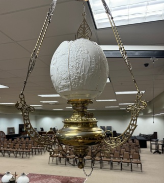 Pair of Brass and Lithophane Hanging Library Lamps