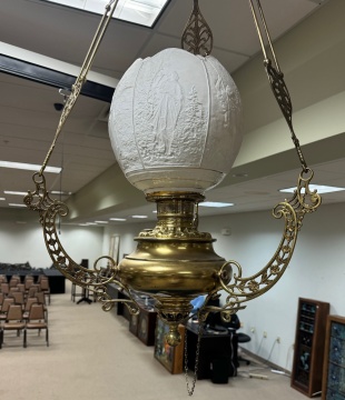 Pair of Brass and Lithophane Hanging Library Lamps