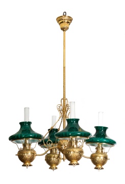 Brass Four-Arm Chandelier with Emeralite Shades