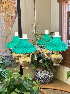 Brass Four-Arm Chandelier with Emeralite Shades