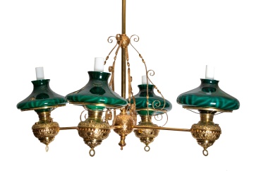 19th Century Brass Four-Arm Chandelier with Emeralite Shades